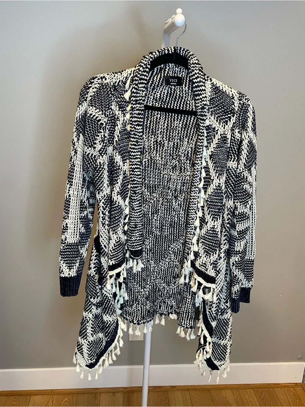 VICI Black and White Knit Open-Front Cardigan with Tassel Hem